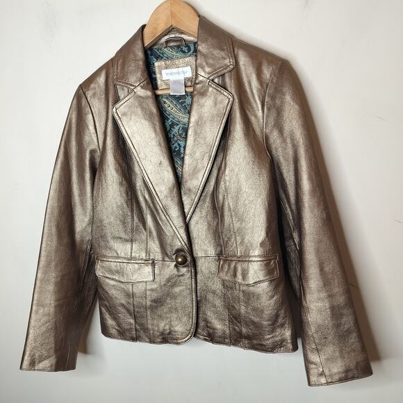 Worthington Leather Jacket Gold Bronze Button Up - Picture 5 of 10